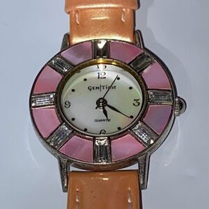 Gem Time Women's Gold Genuine Leather Band Embellished Silver Toned Quartz Watch